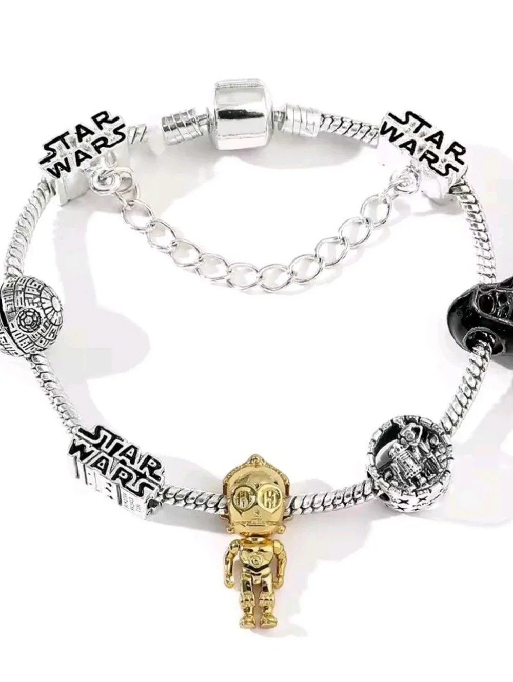 Star Wars Pandora Style Charm Bracelet C3PO Darth Vader Silver Tone